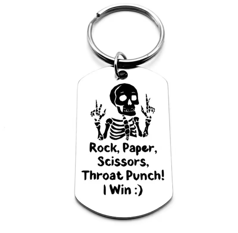 3/$25 Rock Paper Scissors Throat Punch I Win Skeleton Stainless Steel Keychain